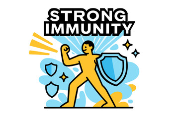 Obraz premium Immune System Glow. Immune System Support. Sunlight beams strike a figure surrounded by shield and sparkle icons. ?Strong Immunity? glows above