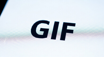 Close up of the word gif on a white computer screen isolated on white background