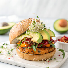Delicious gourmet salmon burger with avocado and sprouts, healthy eating.