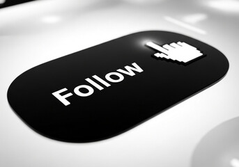 Follow button with hand cursor on white background, social media concept
