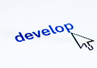 Develop word and mouse cursor isolated on white background, close up view