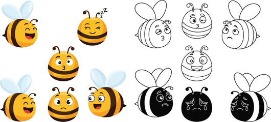 Cartoon bee vector illustration with different expressions set