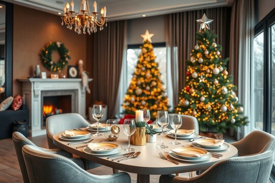 Celebrate holiday joy with elegant Christmas dinner scene - Powered by Adobe