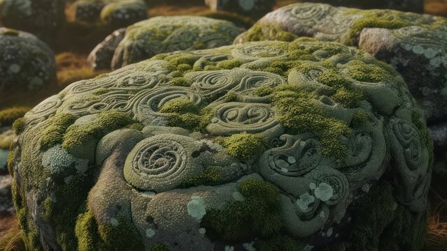 Moss-covered stone carvings with intricate spiral patterns in a natural setting.