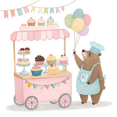 Cute bear baker with cupcakes and balloons at sweet cart