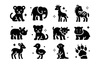 Obraz premium Savanna Baby Animals Icons. Young Animals of the Savanna. Solid icons set of Young Animals of the Savanna: lion cub, baby elephant, giraffe calf, zebra foal,