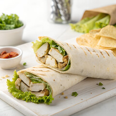 Delicious grilled chicken wrap brimming with fresh lettuce and savory fillings
