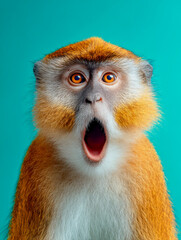 Surprised monkey with bright orange fur and wide open mouth looking directly at camera against clean turquoise background in vivid portrait style