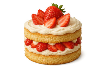 Layered strawberry shortcake with fresh red fruit and whipped cream on transparent background, indulging sweet dessert