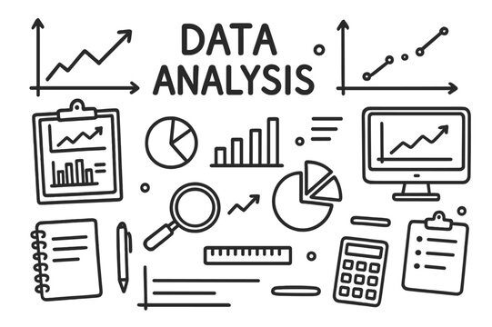 Data Analysis Doodles. Data Analysis. Hand-drawn doodle illustration Data Analysis line graph, bar chart, pie chart, scatter plot, axes, clipboard, pen,
