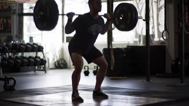 A man performing a barbell back squat in a dimly lit gym with weights in the background.