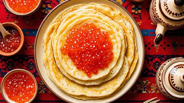 Blini stack topped with red caviar, surrounded by small bowls of caviar and jam, with traditional teaware