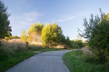 Rural landscape in autumn, country road near the forest, in Mrzla Vodica, Gorski kotar, Croatia
