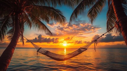 A hammock between palm trees at sunset over the sea
Suitable for tourist brochures, articles about travel, outdoor recreation, relaxation and tropical resorts, and websites about summer holidays.