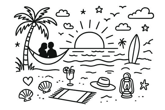 Beach Sunset Doodle. Beach sunset. Hand-drawn doodle illustration beach sunset sun over waves, palm tree, birds, surfboard, hammock, couple silhouette,