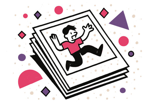 Vintage Photographic Memories. Dusty Photograph. Stack of dusty photographs with floating abstract geometric dust particles, vintage and nostalgic scene.