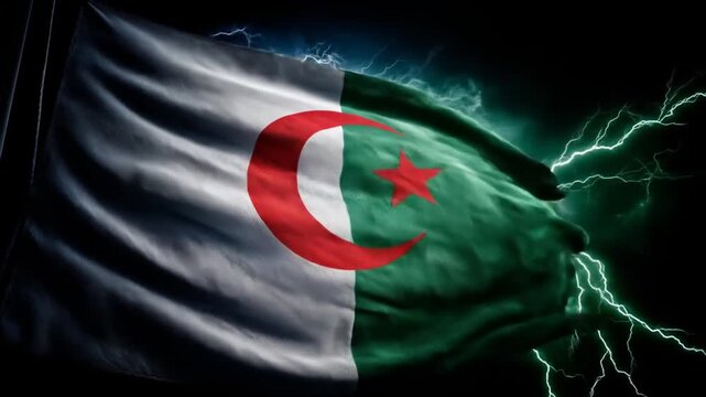 A country's flag waving in the wind with lightning flashing in the dark sky