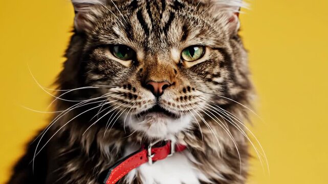 Close up of a grumpy cat with a red collar on a yellow background.