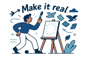 Obraz premium Creating Art Magic. Artist. A painter lifts a brush as a blank canvas glows with possibility; ?Make it real? arcs above the easel. Swatches flutter like birds