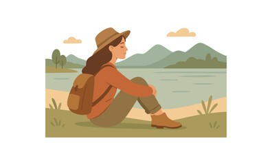 woman sitting near lake resting during peaceful journey no outline flat vector illustration style isolated on white background soft muted colors