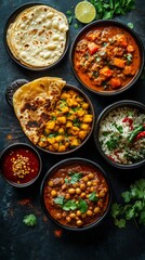 A variety of Indian dishes with flatbreads, rice and sauces on a dark background.
Suitable for culinary blogs, restaurant menus, articles about national cuisine, and spice advertisements.