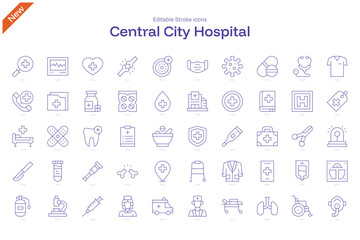 Central City Hospital stroke icon. Central City Hospital line icon set. editable stroke icon pack. Line, Thin, Linear Style Icon Bundle. Central,Hospital,Healthcare,Emergency,Community