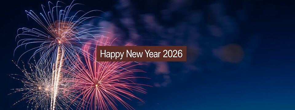 Vibrant blue and pink fireworks explode in dark night sky with Happy New Year 2026 text celebration
