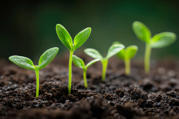 Young green seedlings sprouting from rich dark soil symbolizing new beginnings growth and the nurturing power of nature in a fresh garden setting