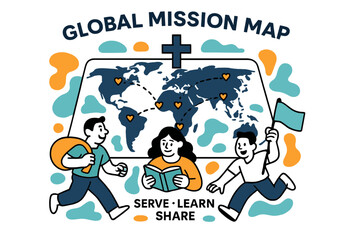 Naklejka premium Global Mission Map. Global Mission Map. A gentle cross icon sits above a world map with dotted flight paths; small hearts mark partner communities. Text reads
