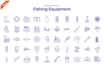 Fishing Equipment stroke icon. Fishing Equipment line icon set. editable stroke icon pack. Line, Thin, Linear Style Icon Bundle. rods, reels, lures, lines, hooks