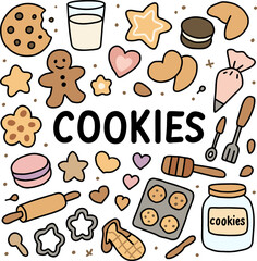 Cute assortment of cookies, milk and baking tools in pastel tones, perfect for packaging design, kids party invite
