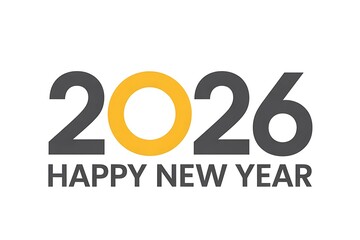 2026 Happy New Year text graphic with yellow zero greeting celebration image