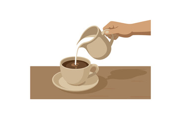 pouring milk into coffee morning calm moment reflection no outline flat vector illustration style isolated on white background neutral tones