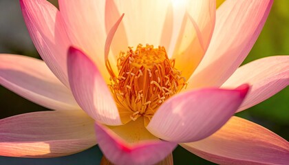 Close-up of a pink lotus flower with dew drops in soft morning daylight highlighting its intricate center and delicate petals in a tranquil garden setting