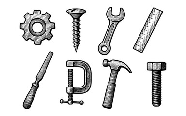 Fototapeta premium Hand-drawn vintage engraving style tools set with hammer, gear, and screw