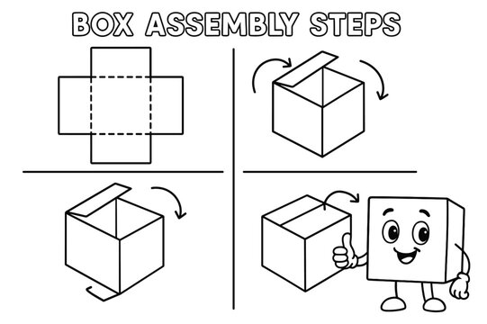 Box Assembly Fun. Box Assembly Steps children?s coloring book illustration, outlined drawing, four simple panels showing fold lines and arrows for turning a