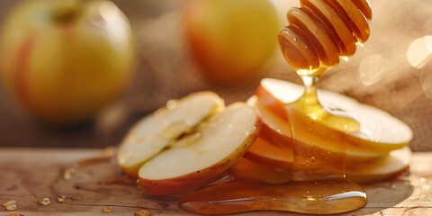 Sweet honey dripping onto fresh apple slices, a delightful treat.