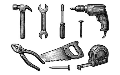 Vintage hand-drawn tool collection featuring hammer, saw, drill, and more