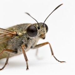 Fototapeta premium Macro close-up of a skipper butterfly on a white background, detailed view of large compound eyes, antennae and furry body, insect macro photography, entomology science concept, minimalistic compositi