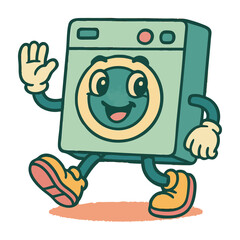 Whimsical washing machine cartoon character walking with a friendly wave, perfect for laundry services, cleaning product ads, or retro branding designs