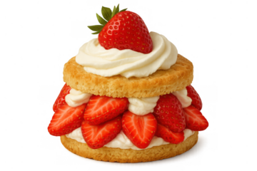 Strawberry shortcake dessert with whipped cream layers, fresh red berries, and shortbread biscuits on transparent background