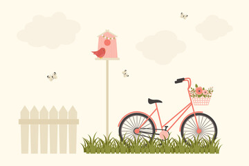 Spring bicycle with flower basket and birdhouse vector illustration, cute outdoor garden scene with butterflies and clouds