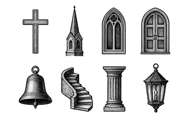Detailed vintage architectural elements: church icons and structures in black and white