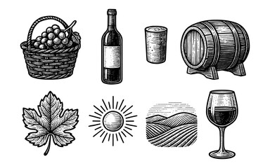 Fototapeta premium Rustic wine icons: grapes, bottles, and barrels in vintage style