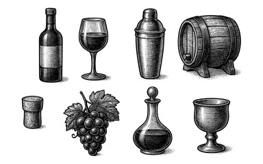 Fototapeta premium Vintage wine and accessories set with classic engraving style
