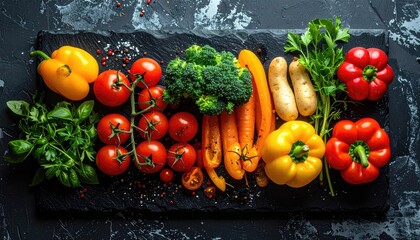 Vibrant Assortment Of Fresh Raw Vegetables Including Bell Peppers Tomatoes Broccoli Carrots And Parsley Arranged On A Textured Dark Surface With Natural Light
