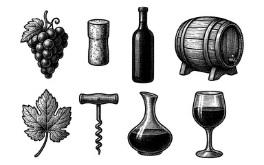 Fototapeta premium Vintage wine elements set: grapes, barrel, corkscrew, leaf, bottle, decanter, glass