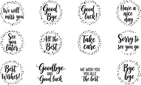 Twelve farewell messages with star borders on a white background