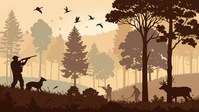 Silhouette illustration of hunters with dogs and deer in a forest under a flock of birds at sunset