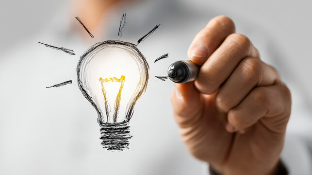 Person drawing a glowing sketch of a light bulb with a black marker representing creativity and innovative ideas in business or personal projects